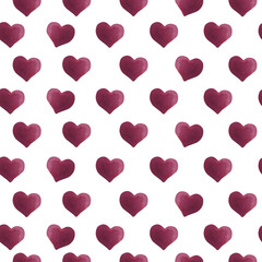 Seamless watercolor pattern with colorful hearts on a paper texture.  Hand-painted romantic texture for Valentine's Day, packaging, wedding, birthday