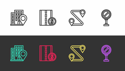Set line Location with house, Toll road traffic sign, Route location and Stop on black and white. Vector