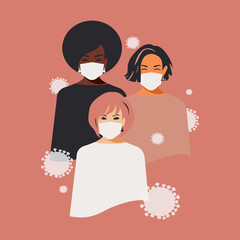Women in medical masks of different nationalities and religions. Female solidarity. Coronavirus quarantine concept on pink background. People experience joy that they live and are healthy. 
