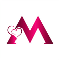 M letter logo with heart icon, Happy Valentines initial M logo, Valentines Day greeting card banner logo template