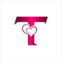 T letter logo with heart icon, Happy Valentines initial T logo, Valentines Day greeting card banner logo template