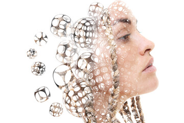 A profile portrait of a woman combined with multiple holey 3D spheres.