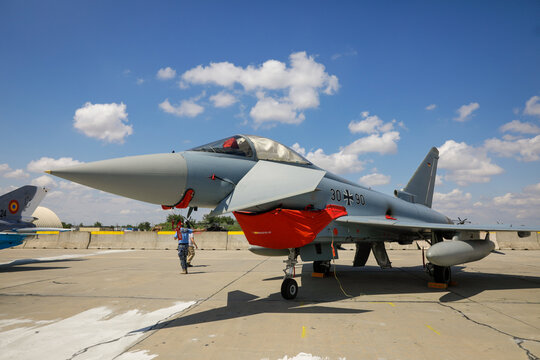 German Air Force Eurofighter Typhoon fighter aircraft on display at an air policing exercise.