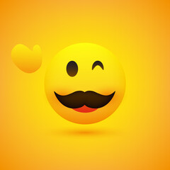 Smiling Emoji - Simple Happy Winking Emoticon with Waving Hand and Mustache on Yellow Background - Vector Design