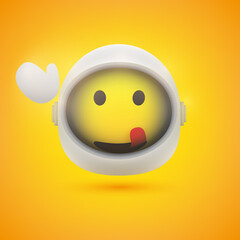 Greetings from Space - Smiling Happy Waving Mouth Licking Spaceman Emoji in Space Suit with Helmet On - Modern Style Emoticon Vector Design for Web or Instant Messaging Apps On Yellow Background © bagotaj