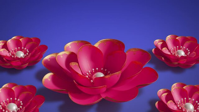 Stylised traditional Chinese red colored paper flowers, golden ornaments on petals, white pearls in centre. Bright purple background. Chinese New Year Lunar spring festival decoration. 3D Render clip