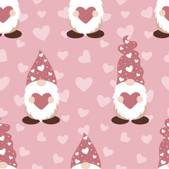 Seamless pattern with gnomes and hearts, Valentine's day pattern