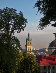 Naklejka premium Church. City evening landscape. Lviv city Ukraine