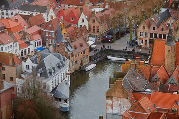 High angle landscape in the historic city centre of Bruges in Belgium