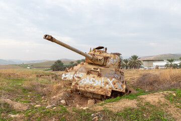 Destroyed  Israeli tank is after the Yom Kippur War near Mehola village in the Palestinian...