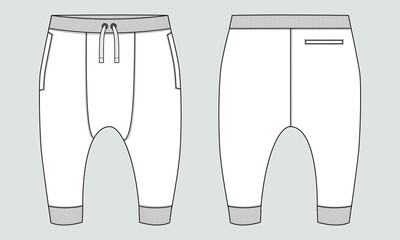 Fleece cotton jersey basic Sweat pant technical fashion flat sketch template front and back views. Apparel jogger pants vector illustration mock up for kids and boys. Fashion design drawing CAD.