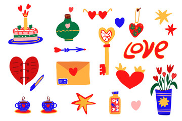 A set of icons for Valentine's day, hearts, flowers, a key, an arrow, a cake in bright colors in the style of the 60s- 70s. Vector illustration