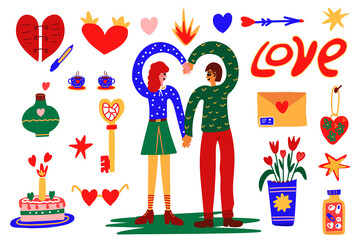 Obraz na płótnie Canvas A set of vector icons for Valentine's day, a man, a woman and objects for a holiday in the hippie style of the 60s- 70s.