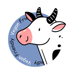 Vegan friendly icon with cute cow in doodle style. Vegan sticker. Vector isolated illustration.