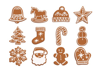 Set of isolated gingerbread cookies with white icing in the shape of a man, star, spruce, santa, snowman, lollipop, bell, horse, hat, sock, snowflake, mitten.