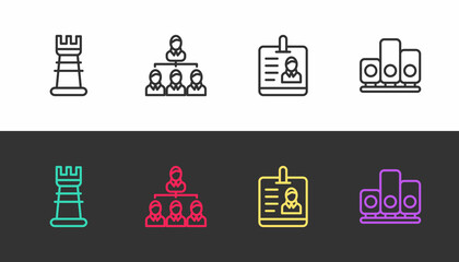 Set line Business strategy, Hierarchy organogram chart, Identification badge and Ranking star on black and white. Vector