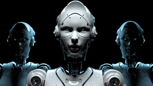 portrait of three robots . robots simultaneously raise their heads and look at the viewer . the concept of artificial intelligence or robotics production . the video contains an alpha channel