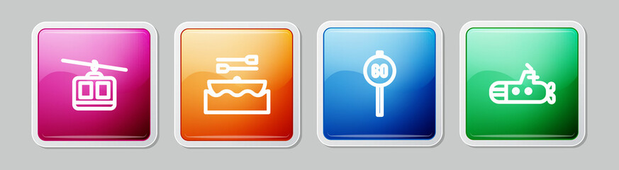 Set line Cable car, Boat with oars, Speed limit traffic and Submarine. Colorful square button. Vector