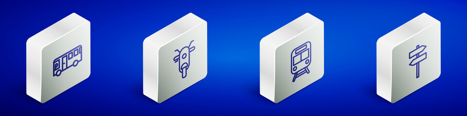 Set Isometric line Bus, Scooter, Train and railway and Road traffic signpost icon. Vector