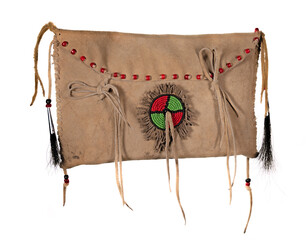 Bag of the North American Indians. Made from skin embroidered with colorful glass beads and leather cords