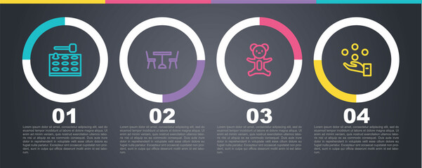 Set line Arcade game machine, Picnic table with chairs, Teddy bear plush toy and Juggling ball. Business infographic template. Vector