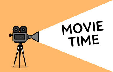 Cinema time poster. Stylish movie camera design on orange background. Cinema time. Cinema ticket. Vector