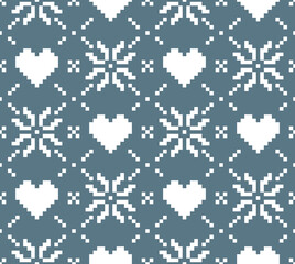 Fototapeta na wymiar Scandinavian knitting seamless pattern design. Nordic star with heart pattern in white and blue.