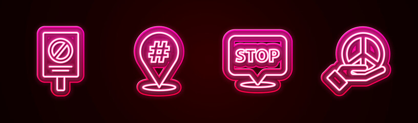 Set line Protest, , and Peace. Glowing neon icon. Vector
