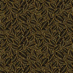 Behang Zwart goud Vector naadloos patroon met gouden bladeren