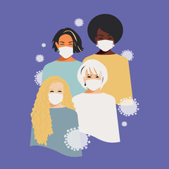 Women in medical masks of different nationalities and religions. Female solidarity. People smile because they are alive, healthy and not infected. 