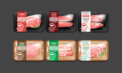 Pork packaging Meat food pork black polystyrene packaging and wood style packaging 3d vector realistic set High quality file.