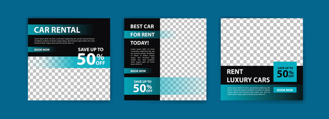 Social media post template for automotive car rental service. Banner vector for social media ads, web ads, business messages, discount flyers and big sale banners.