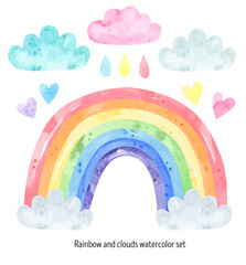 Cute rainbow and clouds watercolor set. Cute cartoon rainbow, clouds and heart. Design for print, fabric , wallpaper, card, sticker,postcard,birthday invitation. Editable element