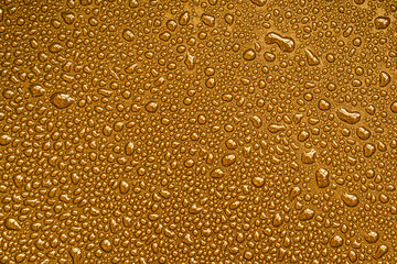 Fototapeta na wymiar Drops, drips, blobs, beads, dribbles of water on the gold brilliant surface. Monochrome macro or closeup background or texture