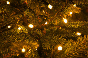 Obraz na płótnie Canvas Christmas Background. Garland lights New Year's illumination on the Christmas tree. Abstract Blurred photo background with blinking lights from tangled garlands. winter and holidays background