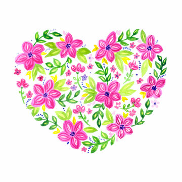 Watercolor illustration of abstract
heart with flowers isolated
on white background