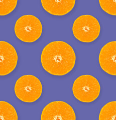 Seamless pattern from juicy slices of tangerine or orange on Very Peri colors background. Design elements with Very Peri trend color. Concept ideas of 2022