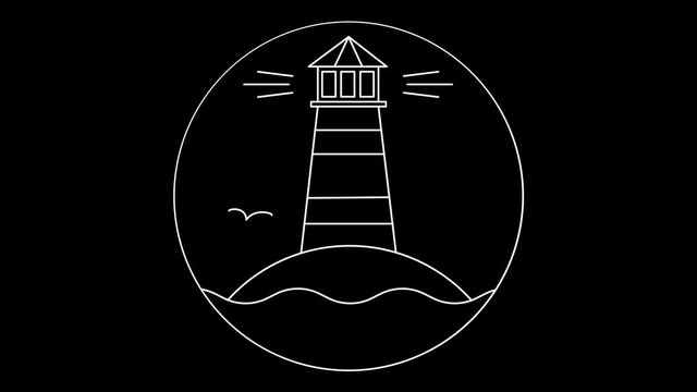Black and white minimalist animation of a lighthouse at sea