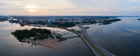 Beautiful summer cityscape view of Finnish town Vaasa. Early morning. Sunrise time.
