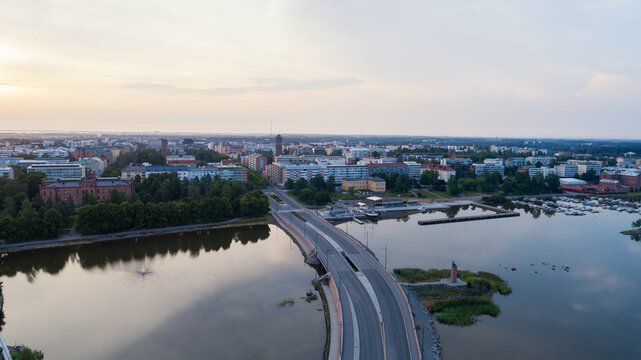 Beautiful summer cityscape view of Finnish town Vaasa. Early morning. Sunrise time.