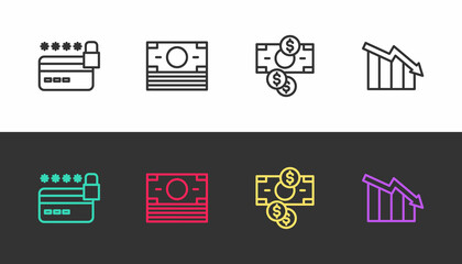 Set line Credit card with lock, Stacks paper money cash, and Financial growth decrease on black and white. Vector