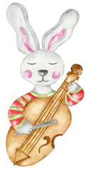 Cute Easter Bunny illustration with contrabass. Watercolor little misician.Gray cartoon bunny in a red sweater.Spring happy melody