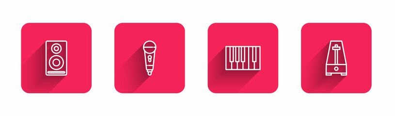 Set line Stereo speaker, Microphone, Grand piano and Metronome with pendulum with long shadow. Red square button. Vector