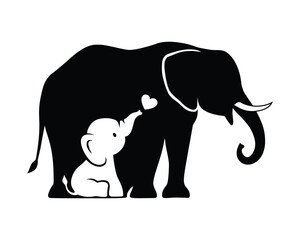 Vector silhouettes of mama and baby elephant isolated on white background. Mothers day illustration. Animals and cub. Cute illustration on the theme of motherhood and baby shower