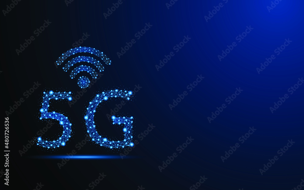 Poster network connection 5G wireless internet. Digital low poly wireframe style design with connection points. vector illustration
