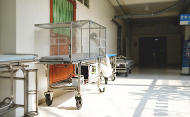Fototapeta na wymiar Hospital corridors and beds, View of the interior. Medicine concept