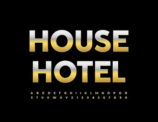Vector premium sign House Hotel. Gold Alphabet Letters and Numbers set. Modern metallic Font