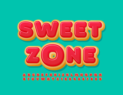 Vector tasty banner Sweet Zone with Donut cake Alphabet Letters and Numbers. Pink glazed Font