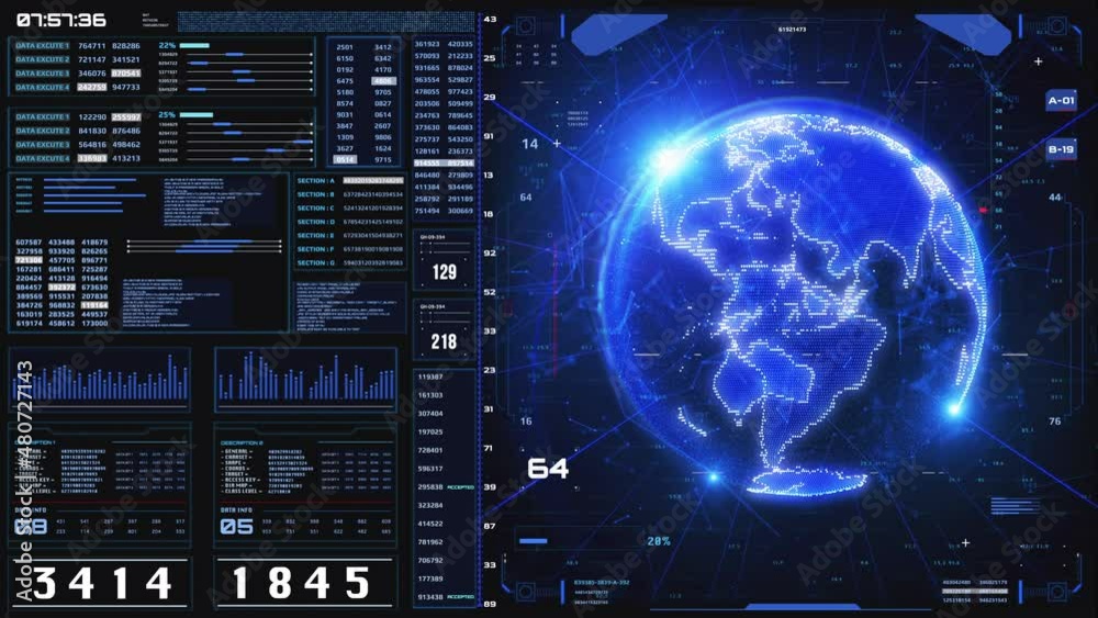 Aufkleber HUD Blue Digital Earth Holographic Data Information Display. UI Technology Security Control with 3D Sphere Planet Scanning Location 4K Motion Concept.