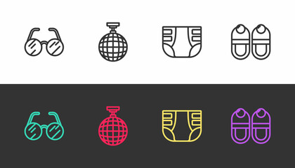 Set line Eyeglasses, Disco ball, Adult diaper and Slippers on black and white. Vector